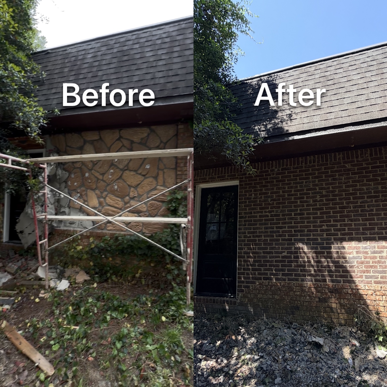 Stone-to-brick exterior, before and after